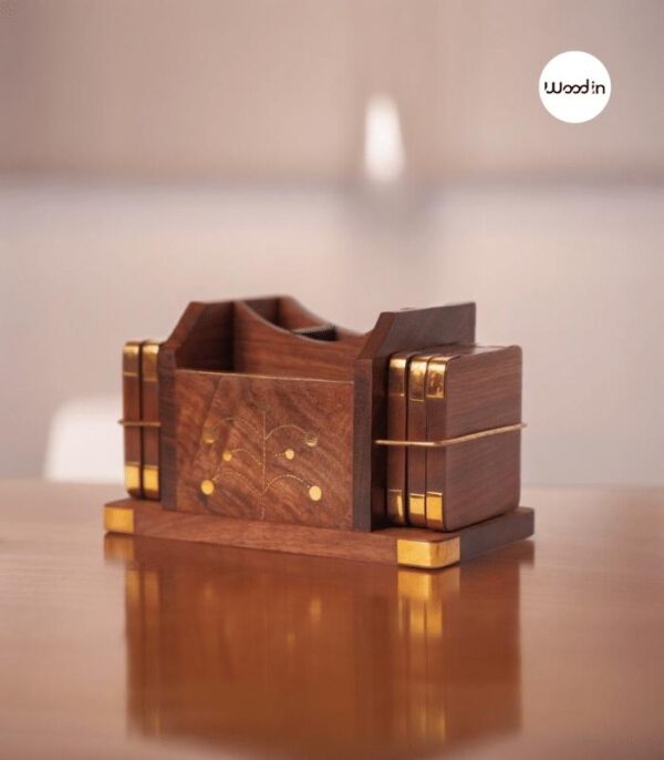 Rosewood Coaster & Card Holder – Multipurpose Desk Accessory