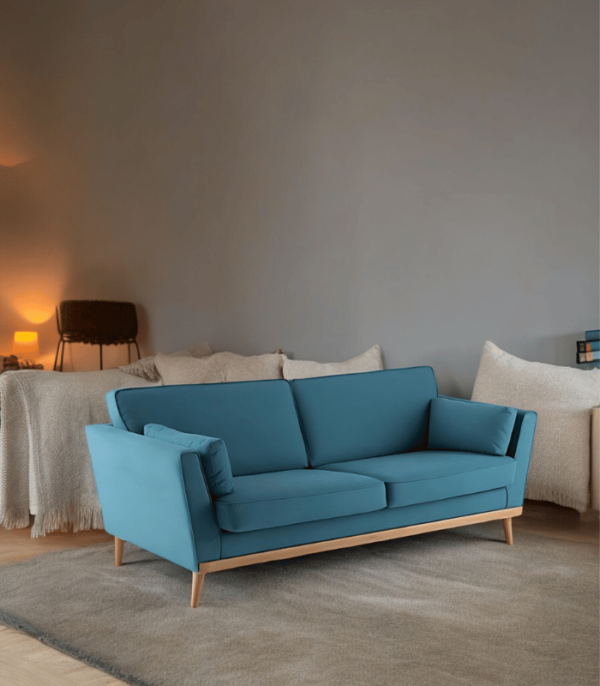Teakage Engage Mid-Century Modern Upholstered Sofa with wooden base